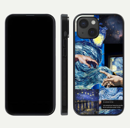 Aesthetic Vando Hands Glass Case for iPhone 15 front and back layout highlighting camera cutout and premium glass shine