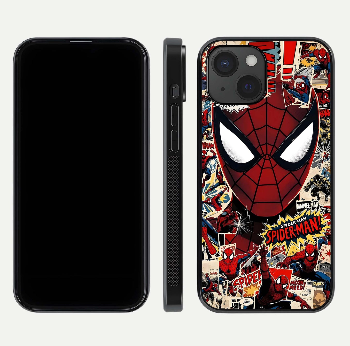 Aesthetic Wonder Spider Glass Case for iPhone 15 dual-view layout showing premium glass shine and strong edge design