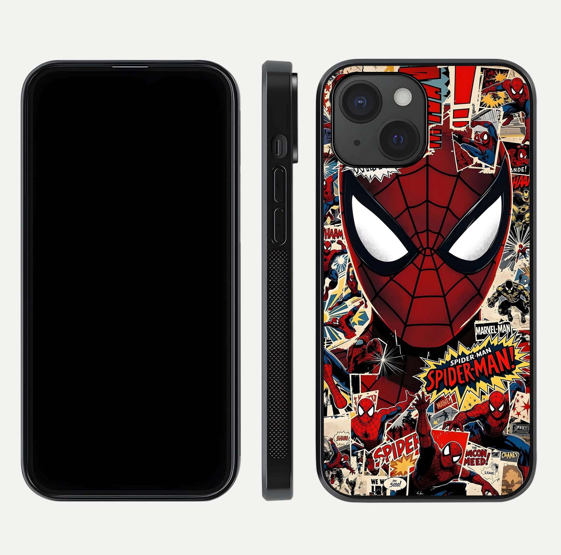 Aesthetic Wonder Spider Glass Case for iPhone 15 dual-view layout showing premium glass shine and strong edge design