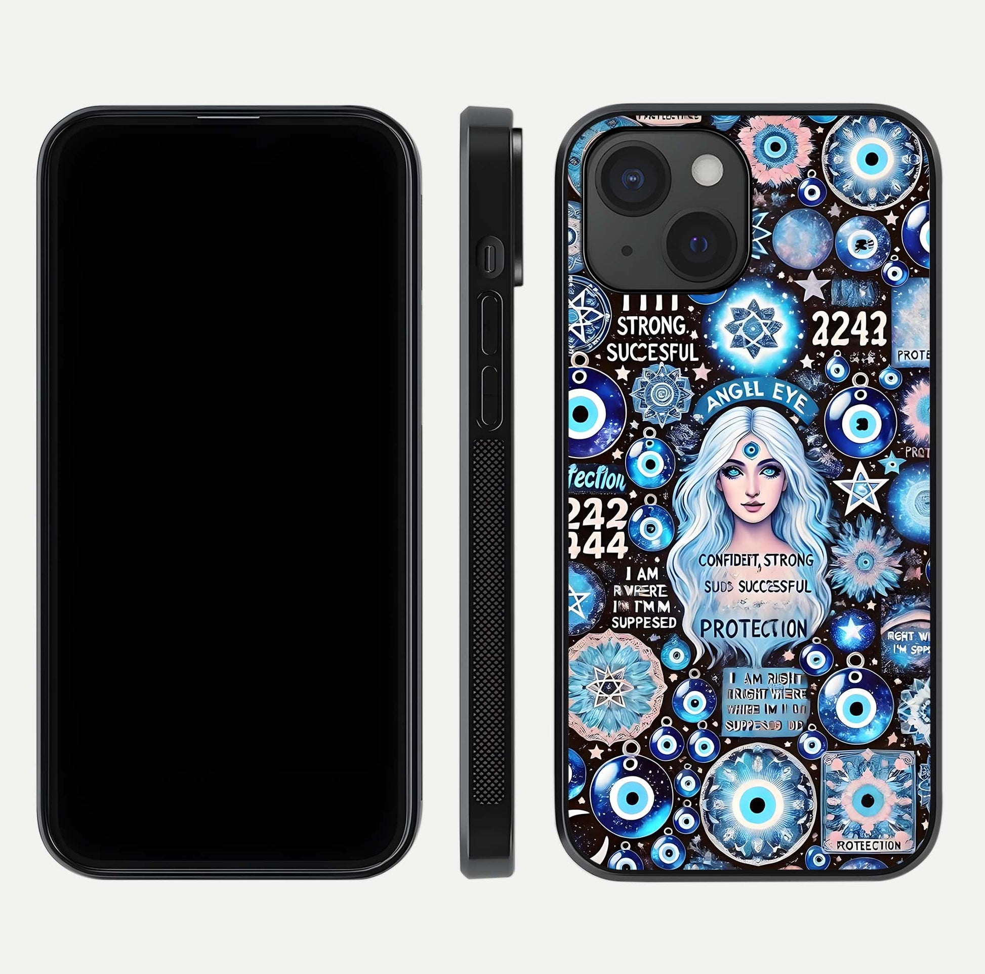 Angel Aura Shield Glass Case for iPhone 15 front and back display highlighting glass clarity and spiritual design