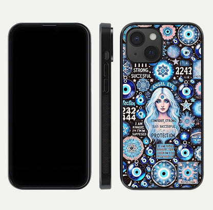 Angel Aura Shield Glass Case for iPhone 15 front and back display highlighting glass clarity and spiritual design