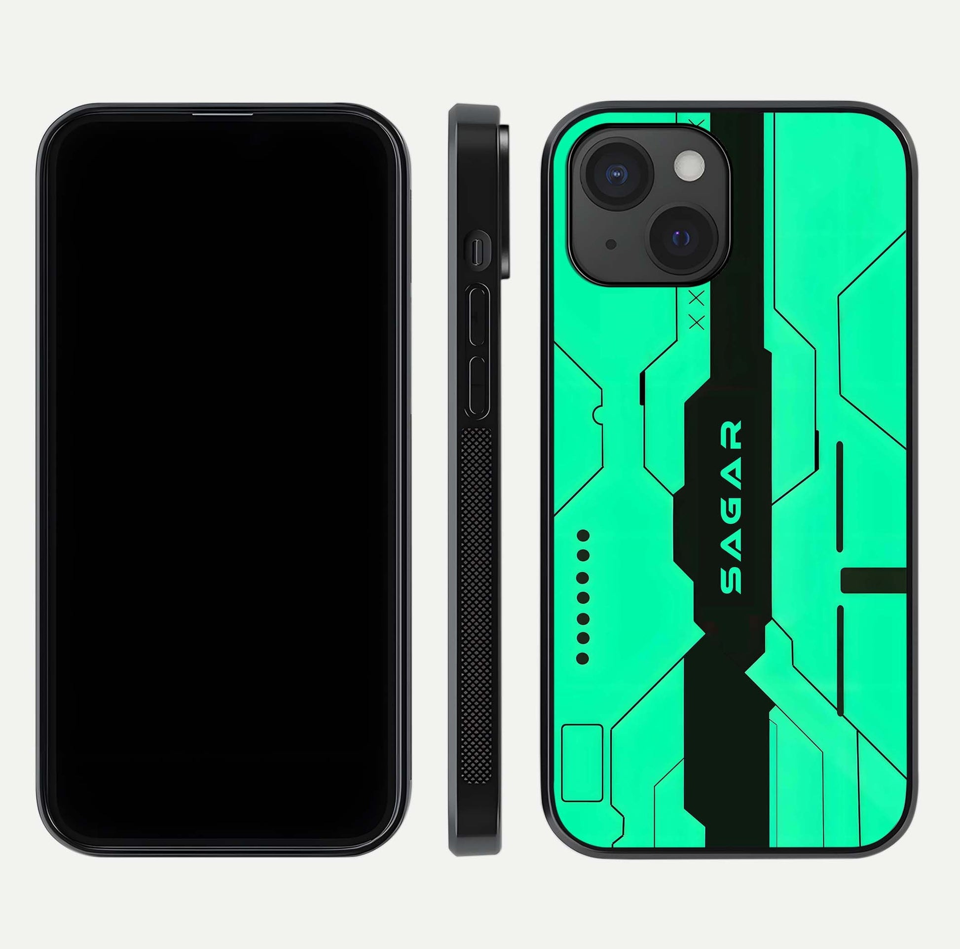 Aqua Tech CYBERPUNK Custom Name Glass Case for iPhone 15 front and back display showing sleek tech pattern and shine
