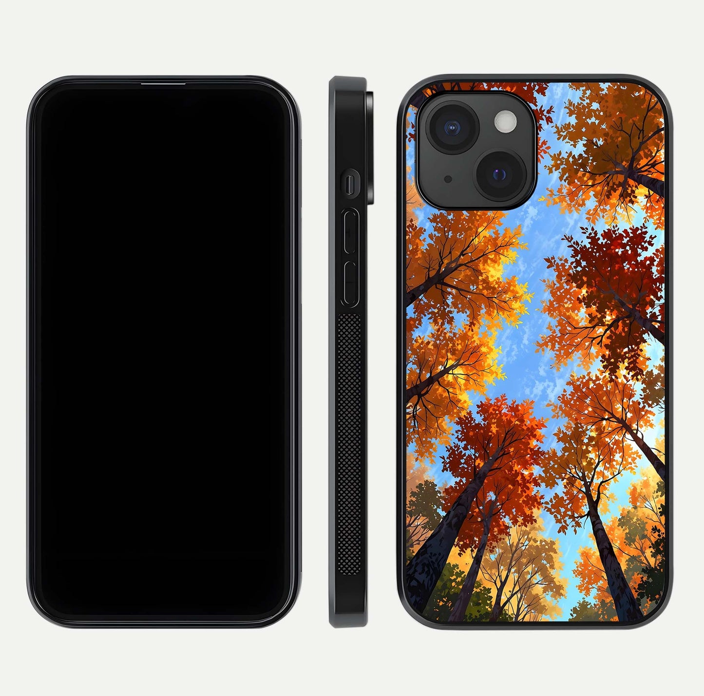 Autumn Sky Rise Glass Case for iPhone 15 front and back layout showing sky print and edge smoothness