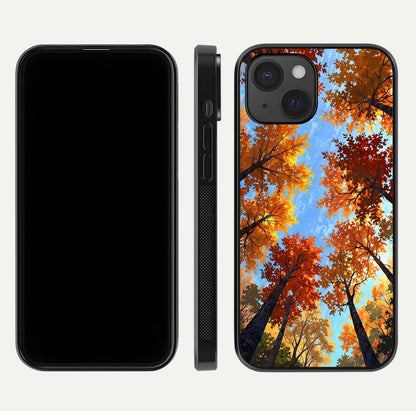Autumn Sky Rise Glass Case for iPhone 15 front and back layout showing sky print and edge smoothness