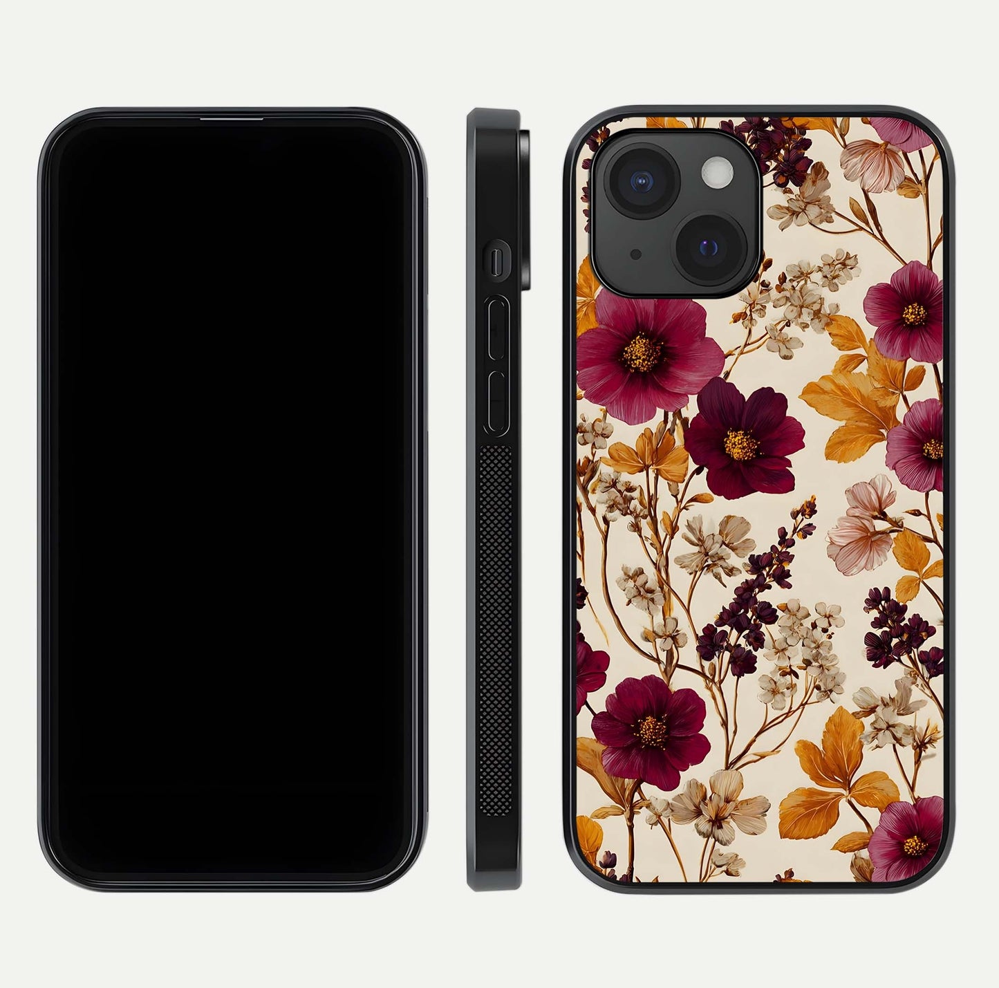 Autumn Wine Bloom Glass Case for iPhone 15 front and back layout showing autumn print and HD glass clarity