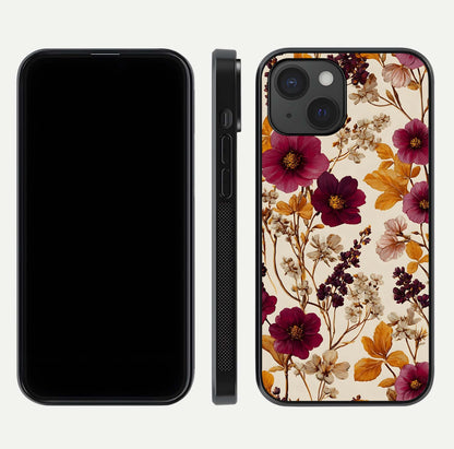 Autumn Wine Bloom Glass Case for iPhone 15 front and back layout showing autumn print and HD glass clarity