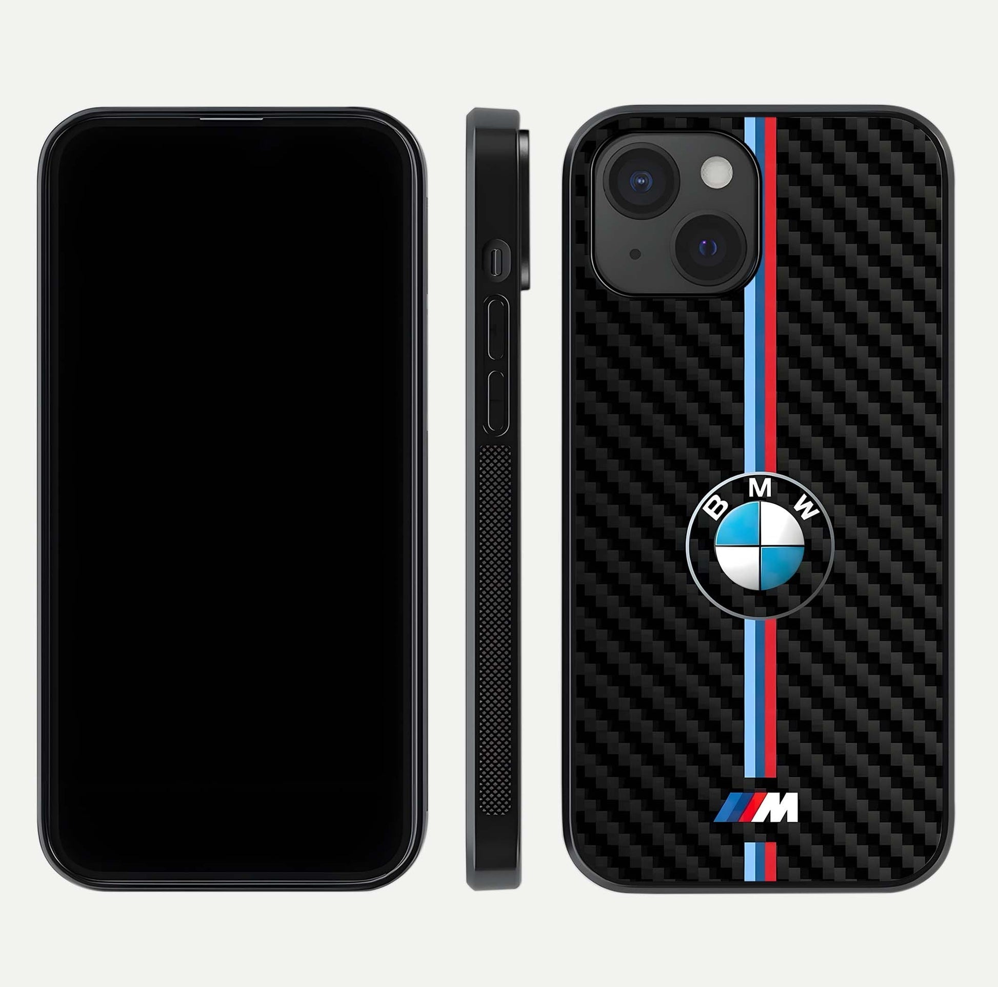 BMW Pattern Glass Case for iPhone 15 front-and-back layout displaying car-themed art and premium glass gloss