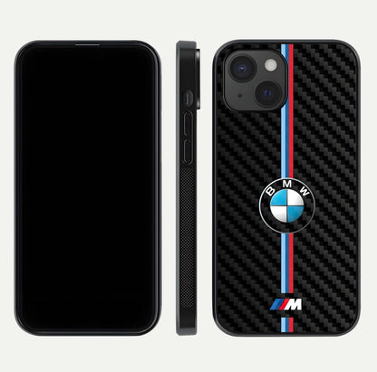 BMW Pattern Glass Case for iPhone 15 front-and-back layout displaying car-themed art and premium glass gloss
