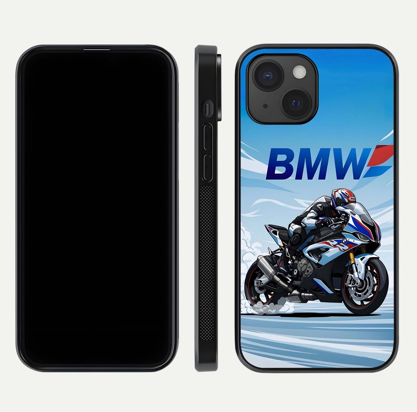 BMW Power Drift Glass Case for iPhone 15 dual-view layout showing energy pattern and edge clarity