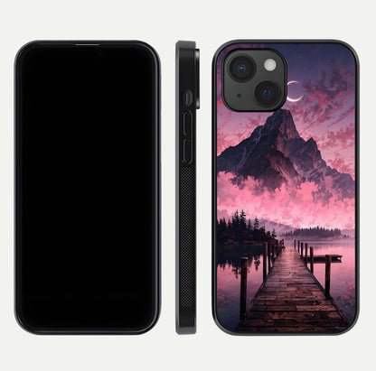 Beautyful Mountain View Glass Case for iPhone 15 front and back layout showcasing natural tones and clarity