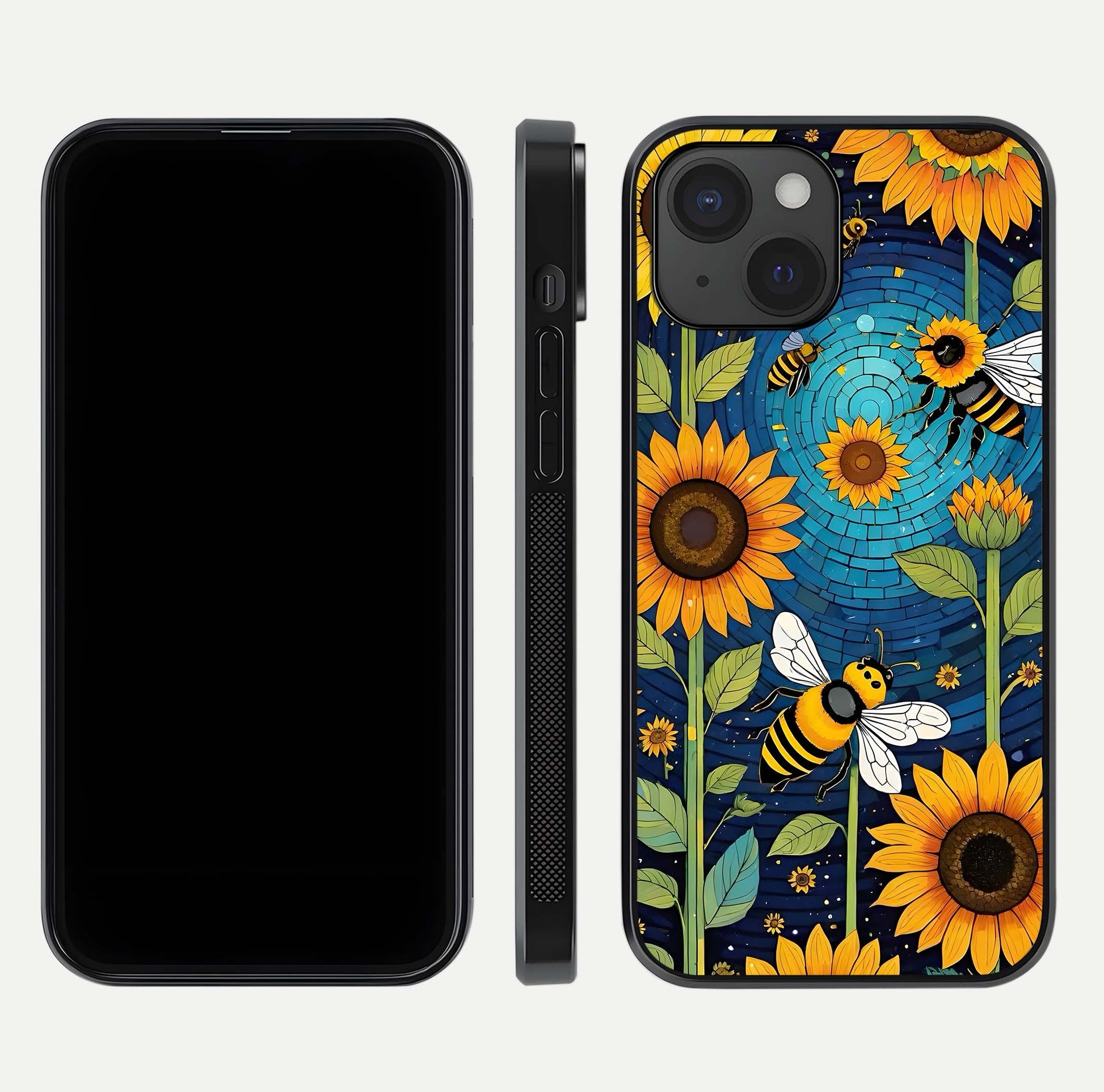 Bees & Sunflowers Glass Case for iPhone 15 front-and-back layout highlighting nature-inspired artwork and protective edge