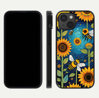 Bees & Sunflowers Glass Case for iPhone 15 front-and-back layout highlighting nature-inspired artwork and protective edge