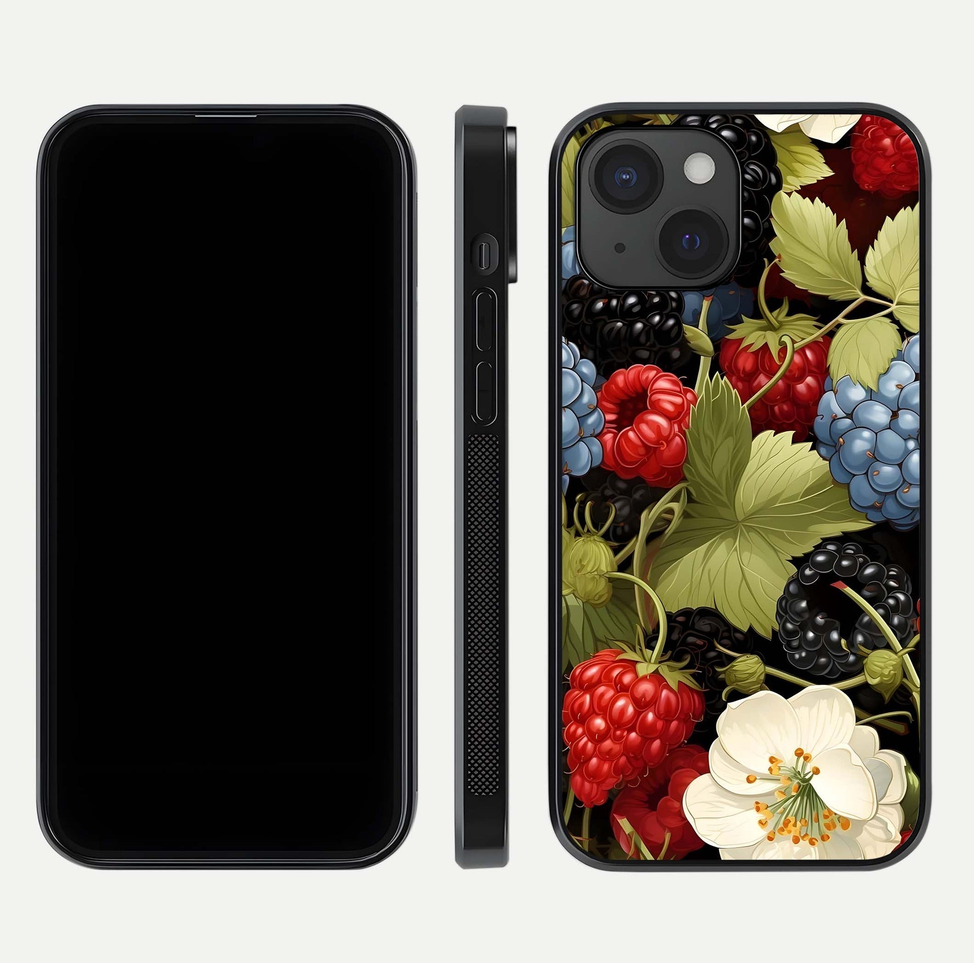Berry Bloom Charm Glass Case for iPhone 15 front-and-back layout showing floral pattern continuity and smooth glass shine