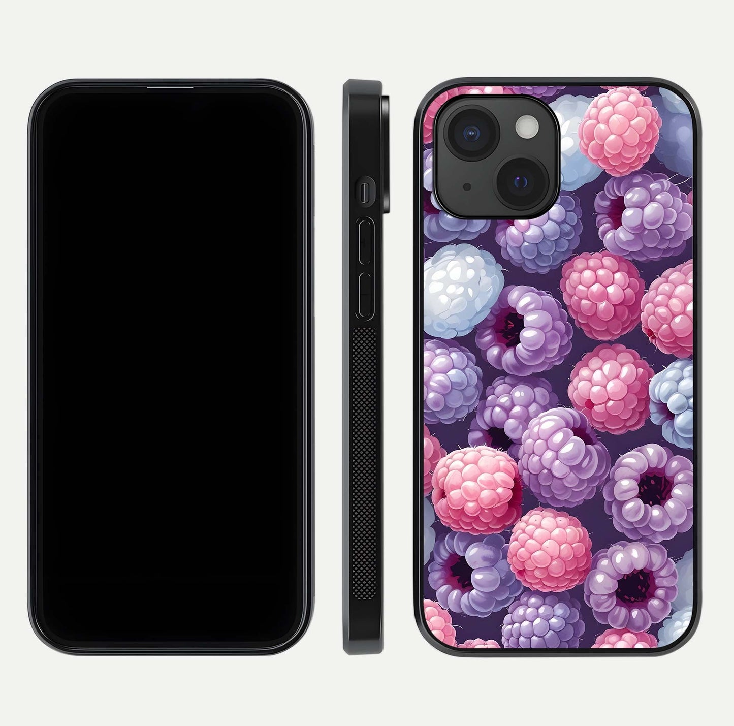 Berry Candy Pop Glass Case for iPhone 15 front-and-back layout showing colorful pattern and sleek protective frame