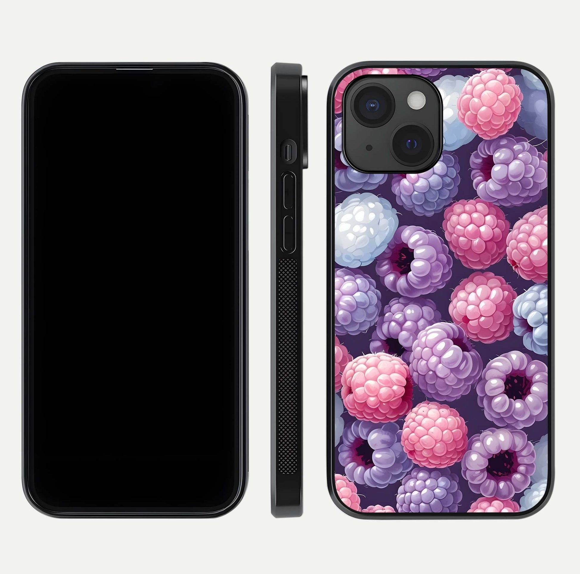 Berry Candy Pop Glass Case for iPhone 15 front-and-back layout showing colorful pattern and sleek protective frame