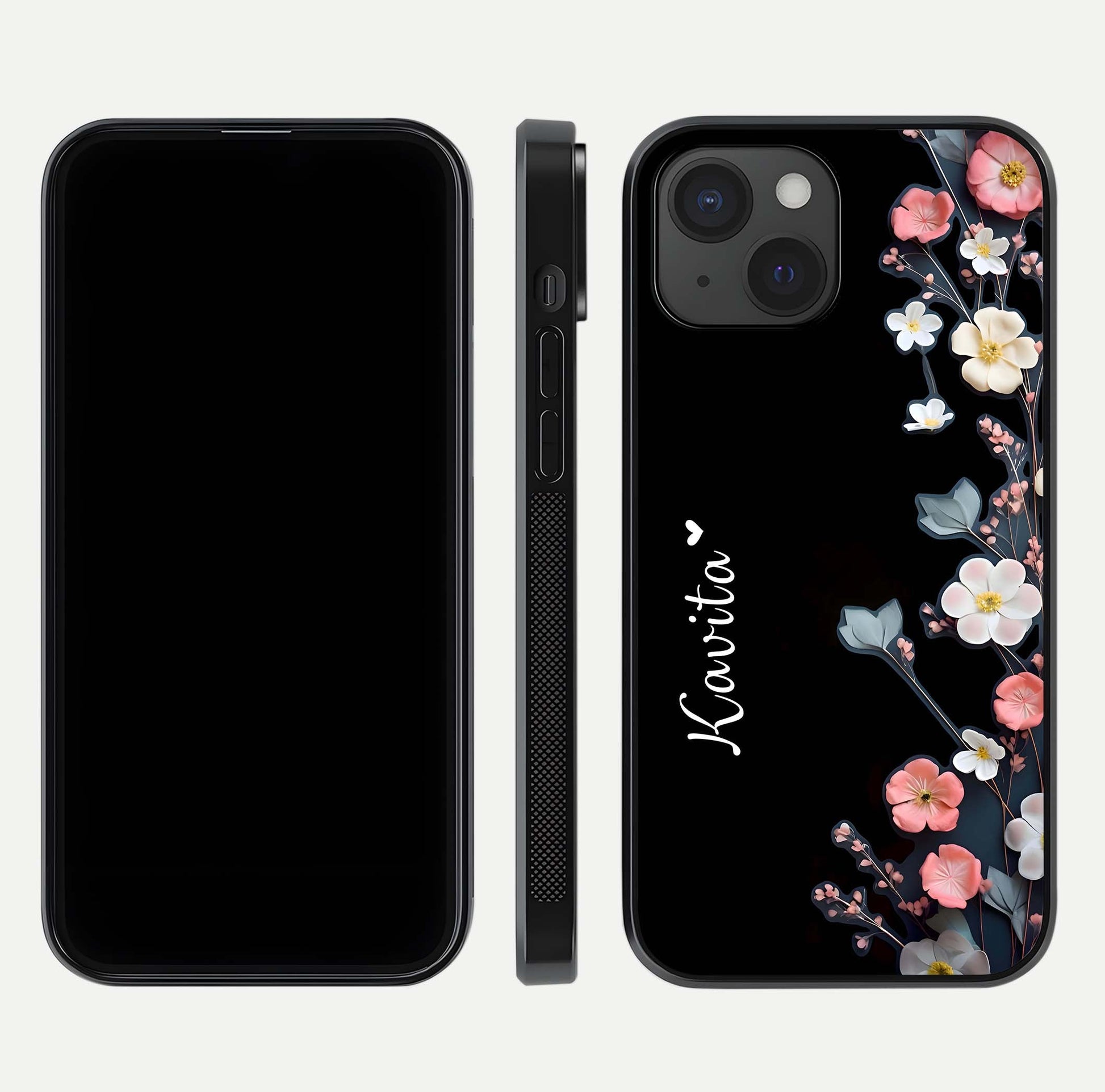 Black Elegance Floral Custom Name Glass Case for iPhone 15 dual-view layout displaying name placement and gloss finish