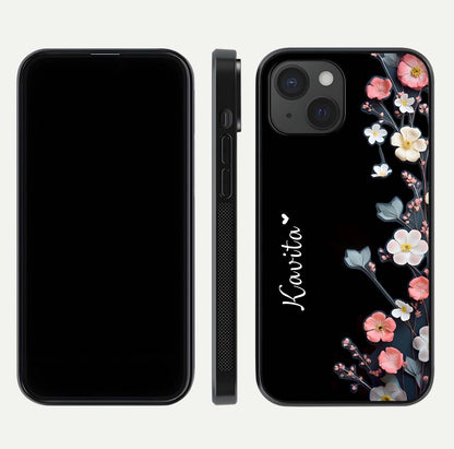 Black Elegance Floral Custom Name Glass Case for iPhone 15 dual-view layout displaying name placement and gloss finish