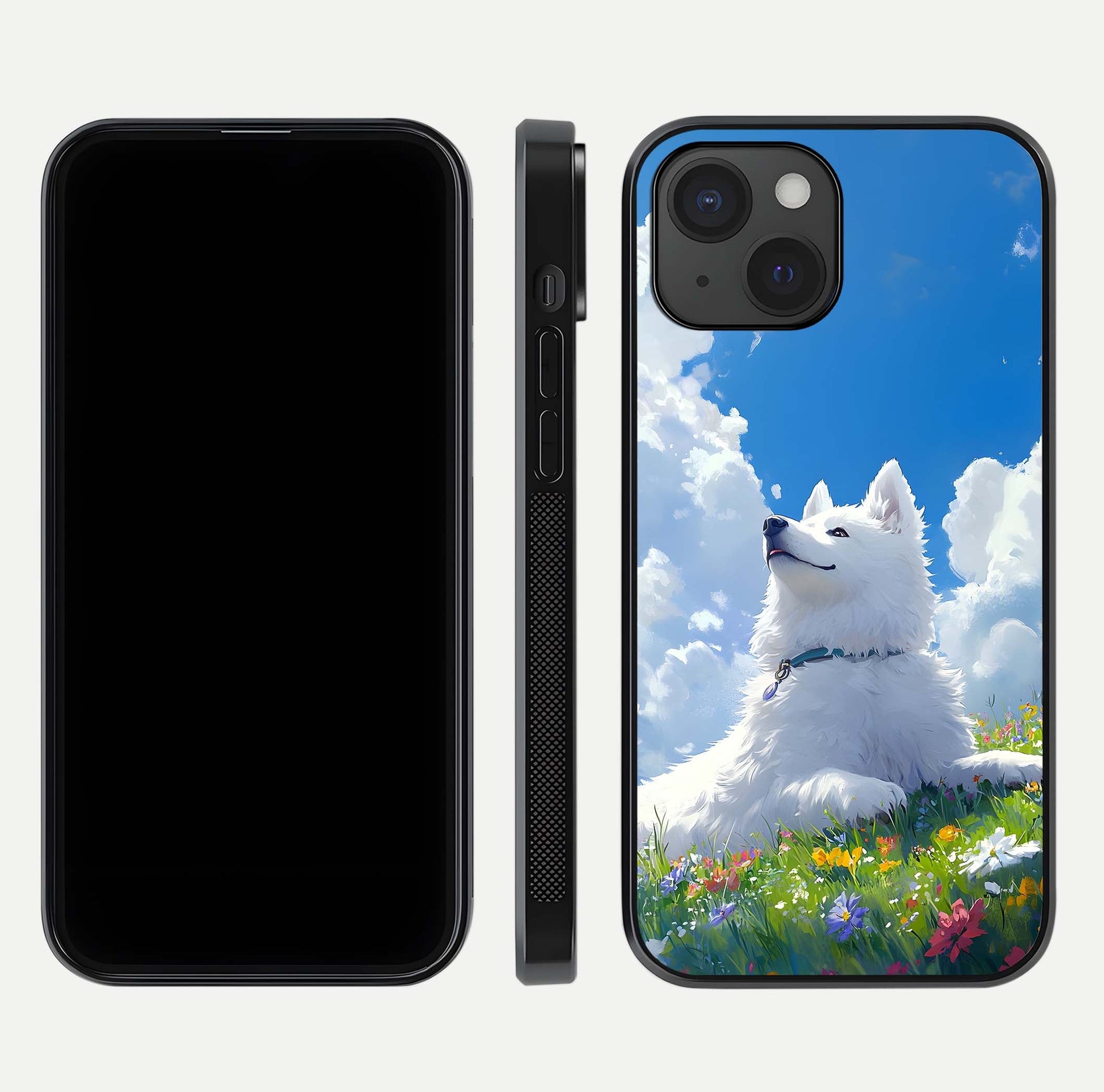 Blissful Cloud Pup Glass Case for iPhone 15 front-and-back layout showing art alignment and edge design