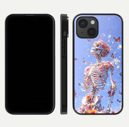 Bloom Beyond Bones Glass Case for iPhone 15 dual-view layout showing creative aesthetic and edge design