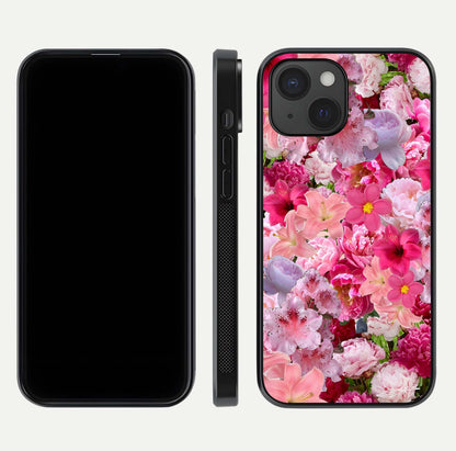 Bloom Crush Fantasy Glass Case for iPhone 15 dual-view layout highlighting edges and premium shine