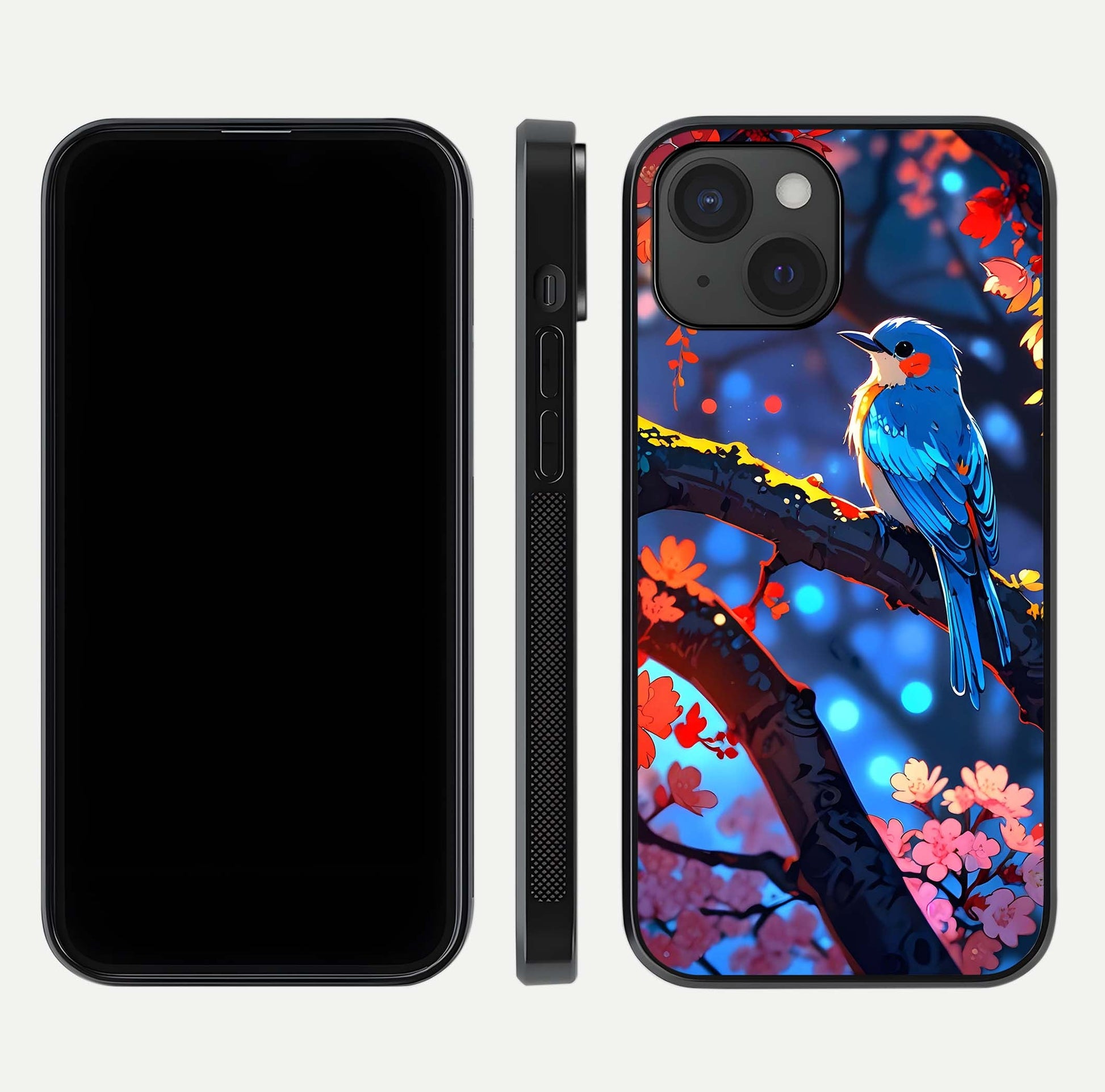 Blooming Spendor Bird Glass Case for iPhone 15 front-and-back view showing nature print and protective edge