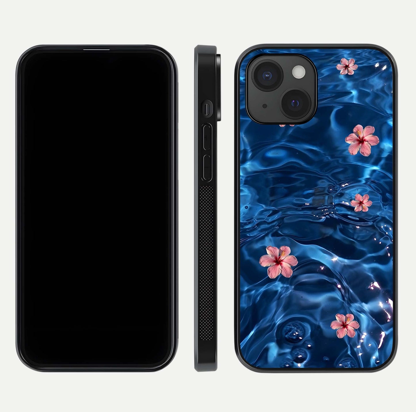 Blooming Water Drift Glass Case for iPhone 15 front-and-back layout highlighting edge design and serene water bloom art