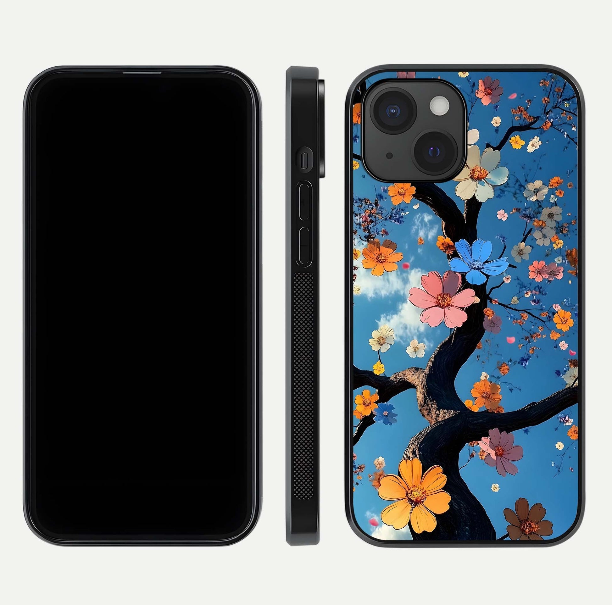 Blossom Dream Sky Glass Case for iPhone 15 front-and-back layout showing floral print and premium edge gloss