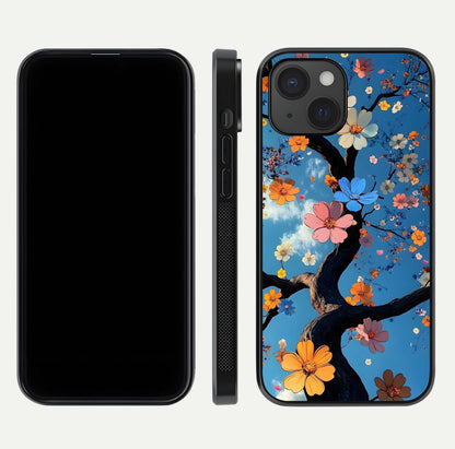Blossom Dream Sky Glass Case for iPhone 15 front-and-back layout showing floral print and premium edge gloss