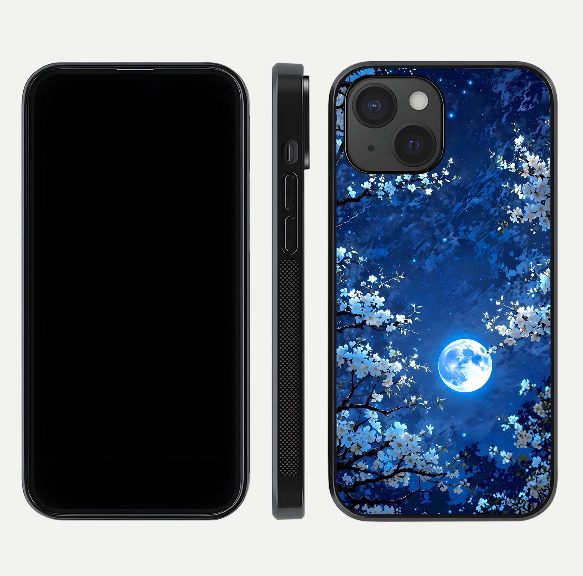 Blossom Moonlight Sky Glass Case for iPhone 15 dual-view layout highlighting sky gradient and floral composition