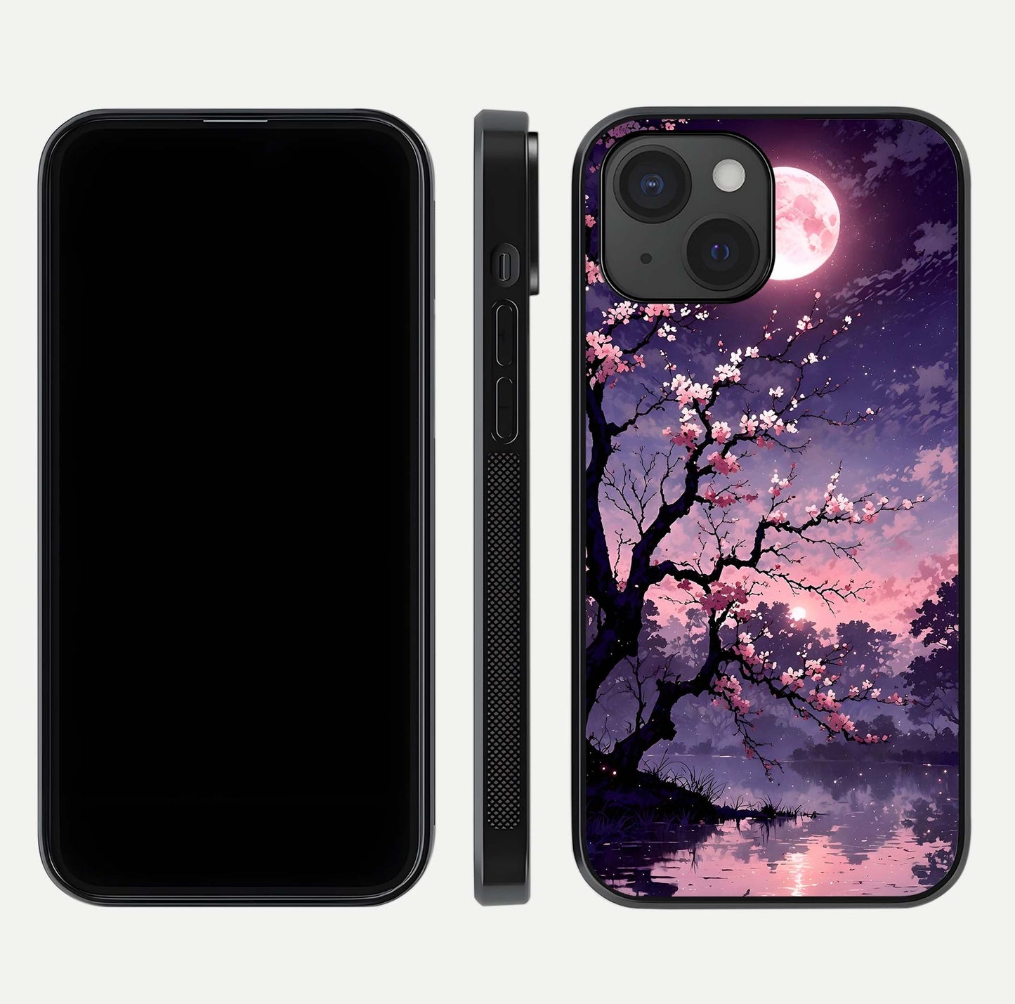 Blossom Pink Moon Glass Case for iPhone 15 front-and-back layout showing minimal edges and artistic flower print
