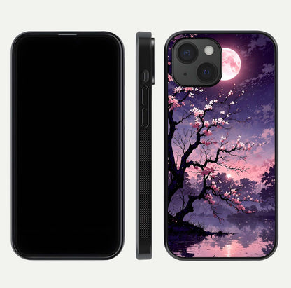 Blossom Pink Moon Glass Case for iPhone 15 front-and-back layout showing minimal edges and artistic flower print