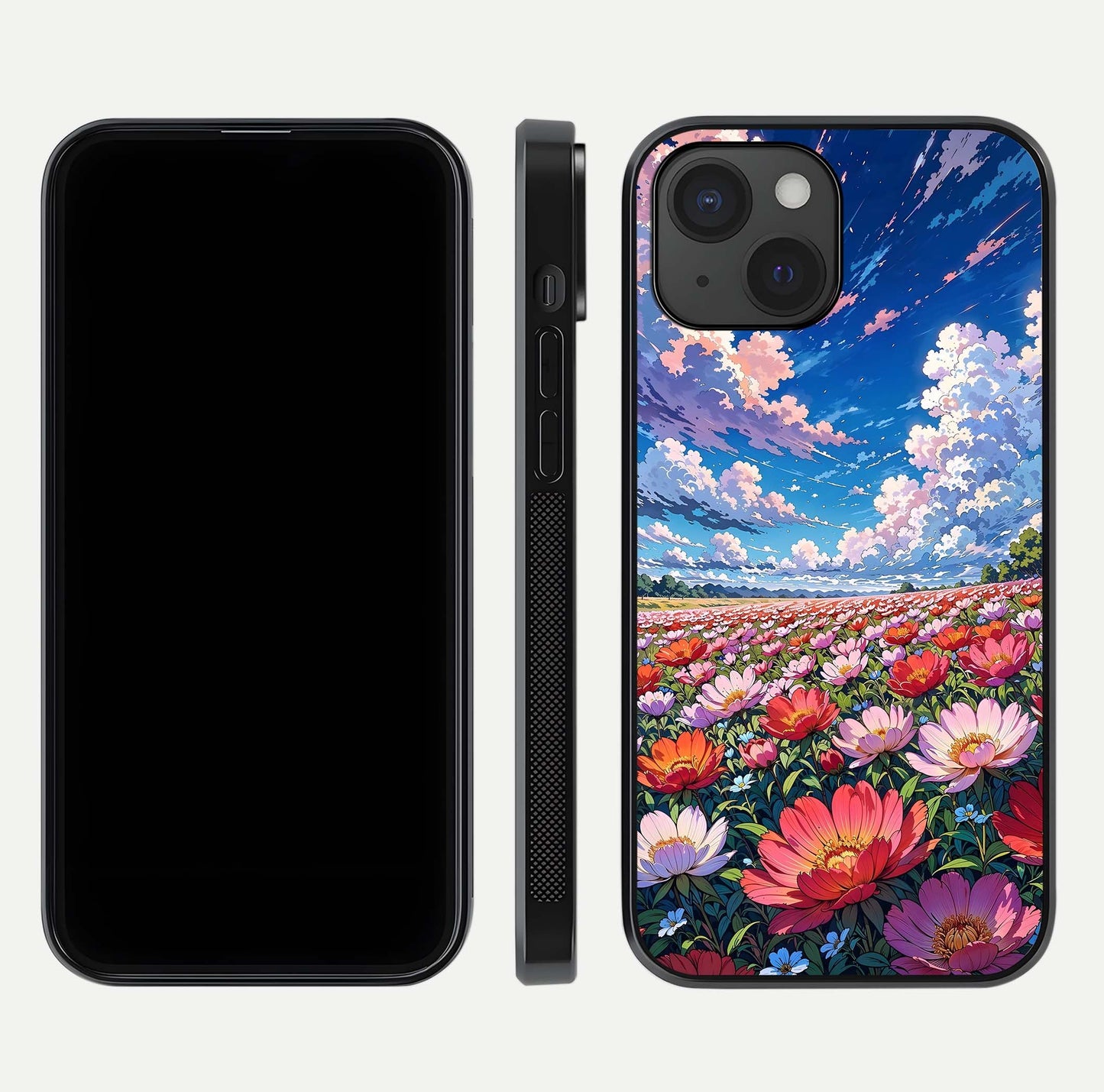 Blossom Sky Field Glass Case for iPhone 15 front-and-back layout highlighting design edges and gloss clarity
