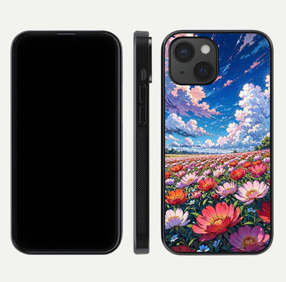 Blossom Sky Field Glass Case for iPhone 15 front-and-back layout highlighting design edges and gloss clarity