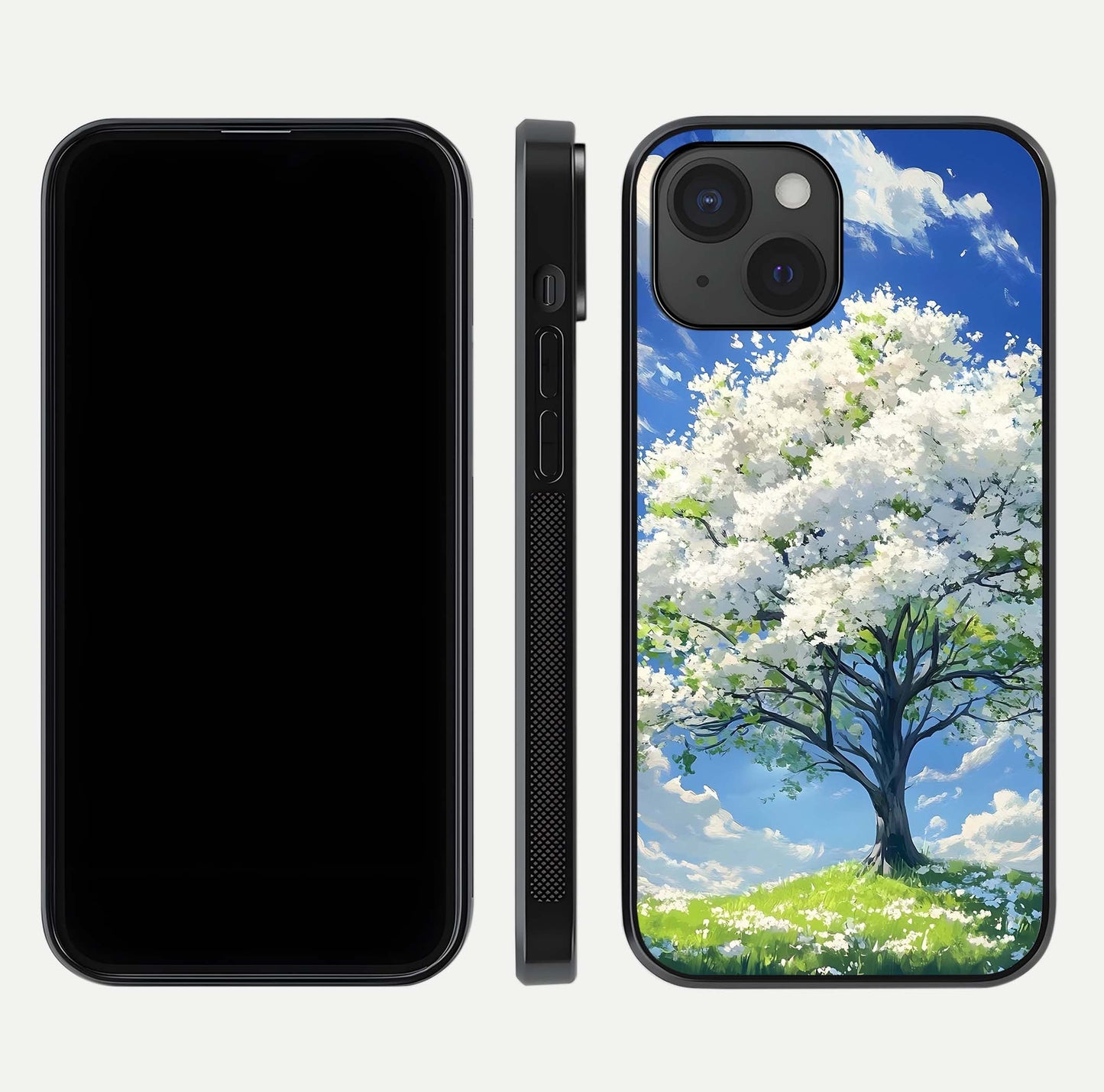 Blossom Sky Serenity Glass Case for iPhone 15 dual-view layout showing pastel hues and soft protective edges