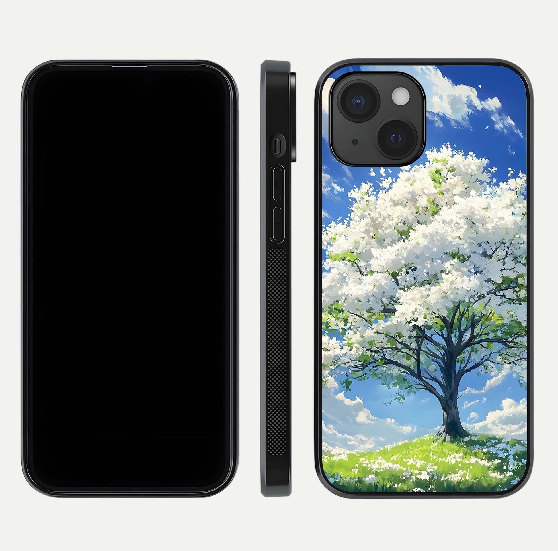 Blossom Sky Serenity Glass Case for iPhone 15 dual-view layout showing pastel hues and soft protective edges