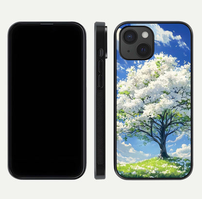 Blossom Sky Serenity Glass Case for iPhone 15 dual-view layout showing pastel hues and soft protective edges