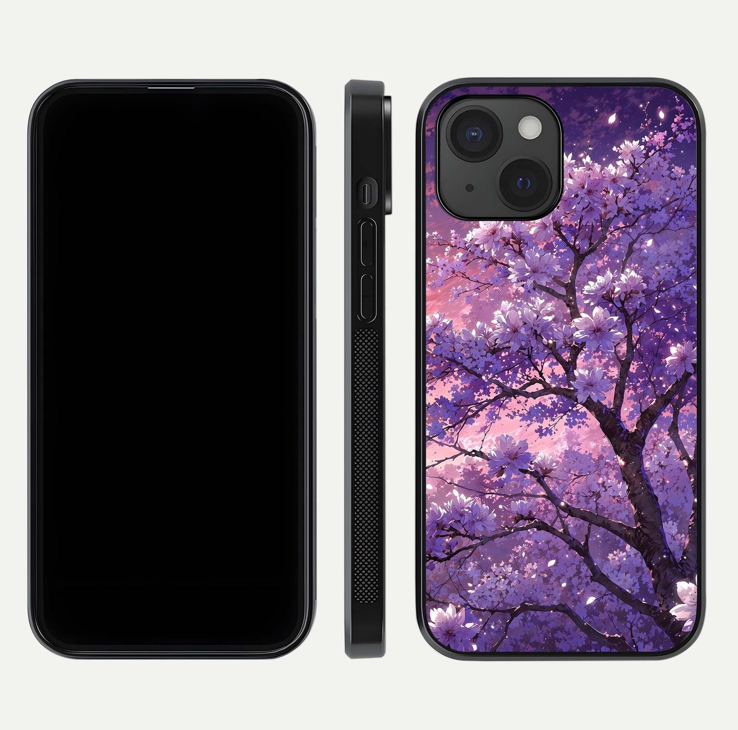 Blossom Tree Glass Case for iPhone 15 front-and-back layout showing art alignment and gloss reflection