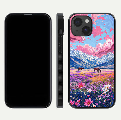 Blossom Valley Dream Glass Case for iPhone 15 front-and-back layout highlighting glossy reflection and edge cut