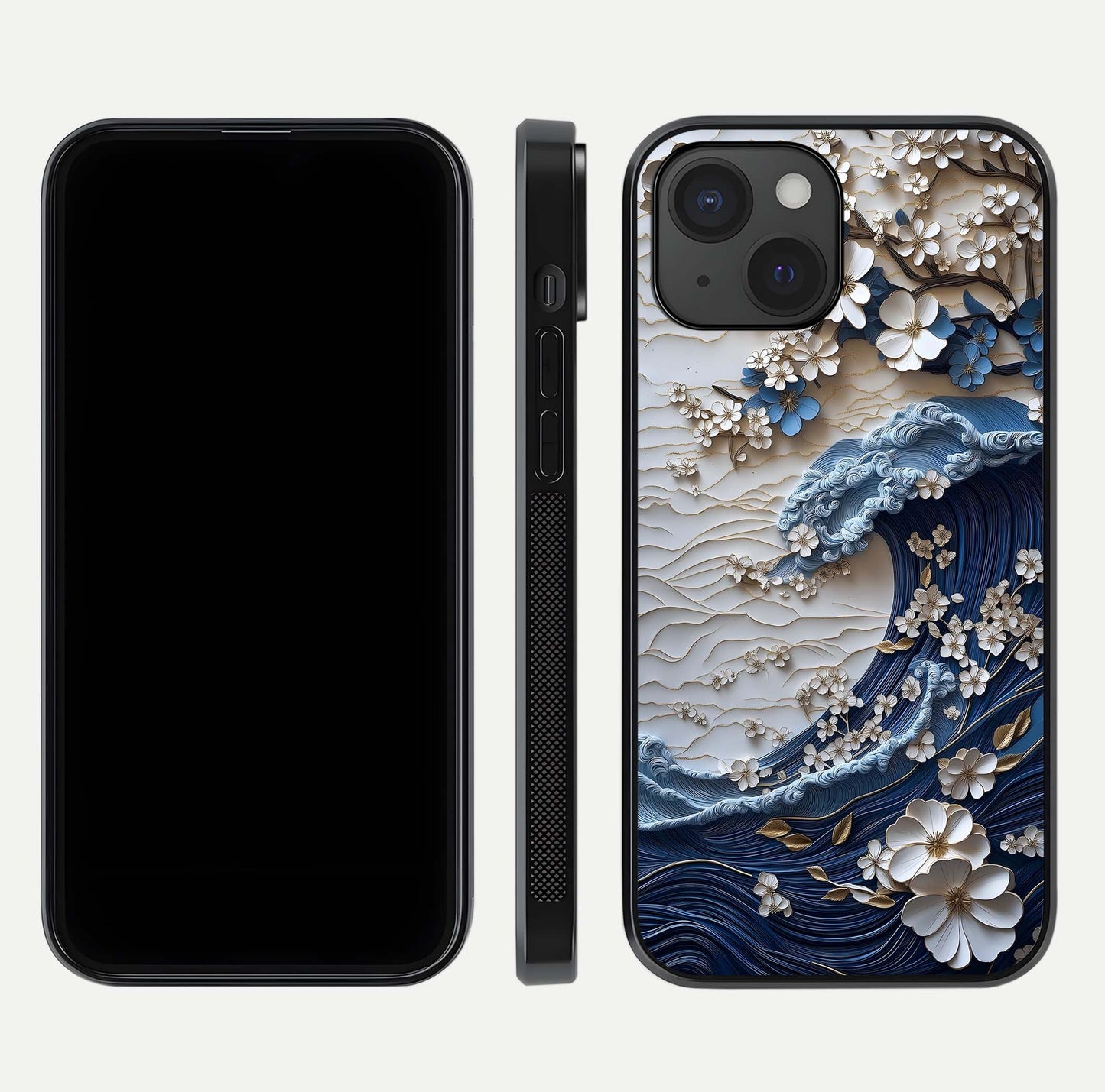 Blossom Wave Art Glass Case for iPhone 15 front-and-back layout showing curved design and glass clarity