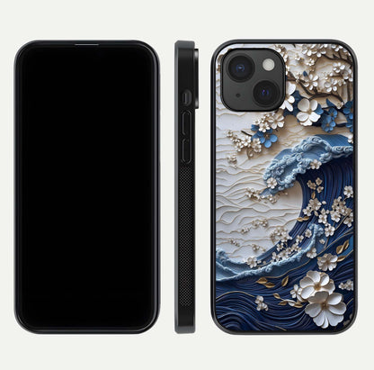Blossom Wave Art Glass Case for iPhone 15 front-and-back layout showing curved design and glass clarity