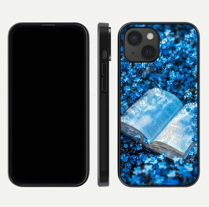 Blue Bloom Tales Glass Case for iPhone 15 dual-view layout highlighting shine, floral print, and smooth edges