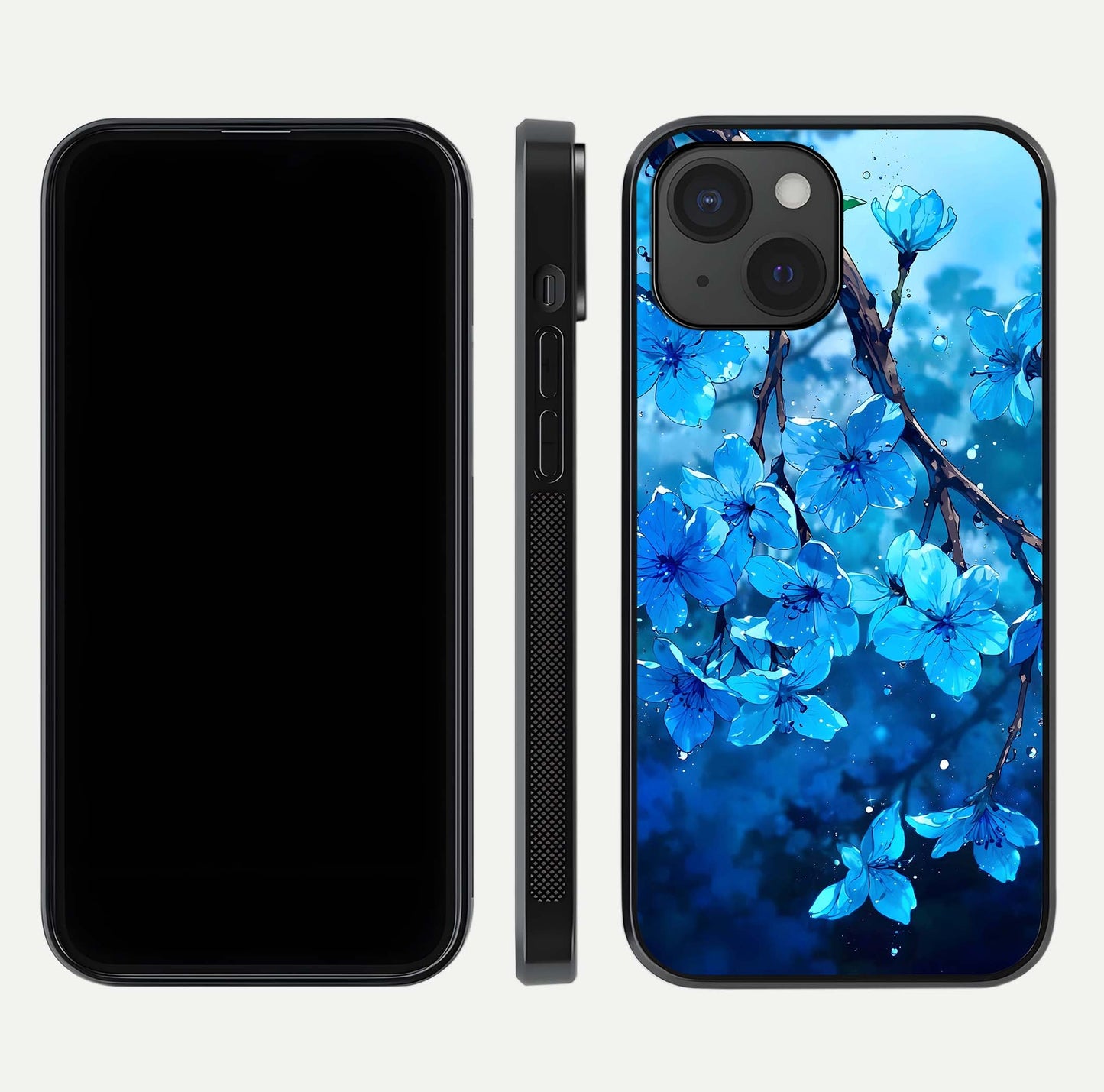 Blue Blossoms Branch Glass Case for iPhone 15 dual-view layout displaying floral art and sleek protective frame