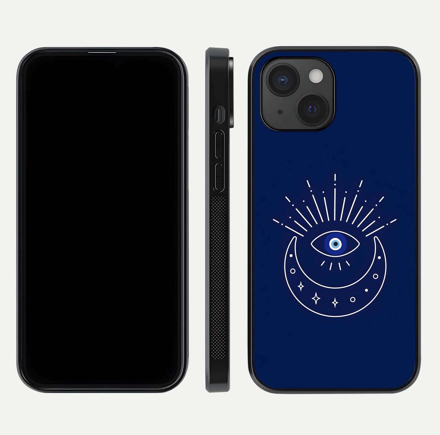 Blue Evil Eye Glass Case for iPhone 15 front-and-back layout showing blue aura design and curved-edge clarity