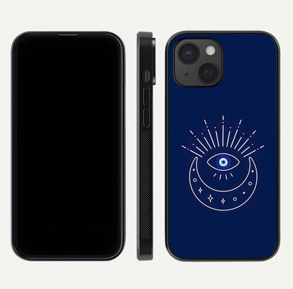 Blue Evil Eye Glass Case for iPhone 15 front-and-back layout showing blue aura design and curved-edge clarity