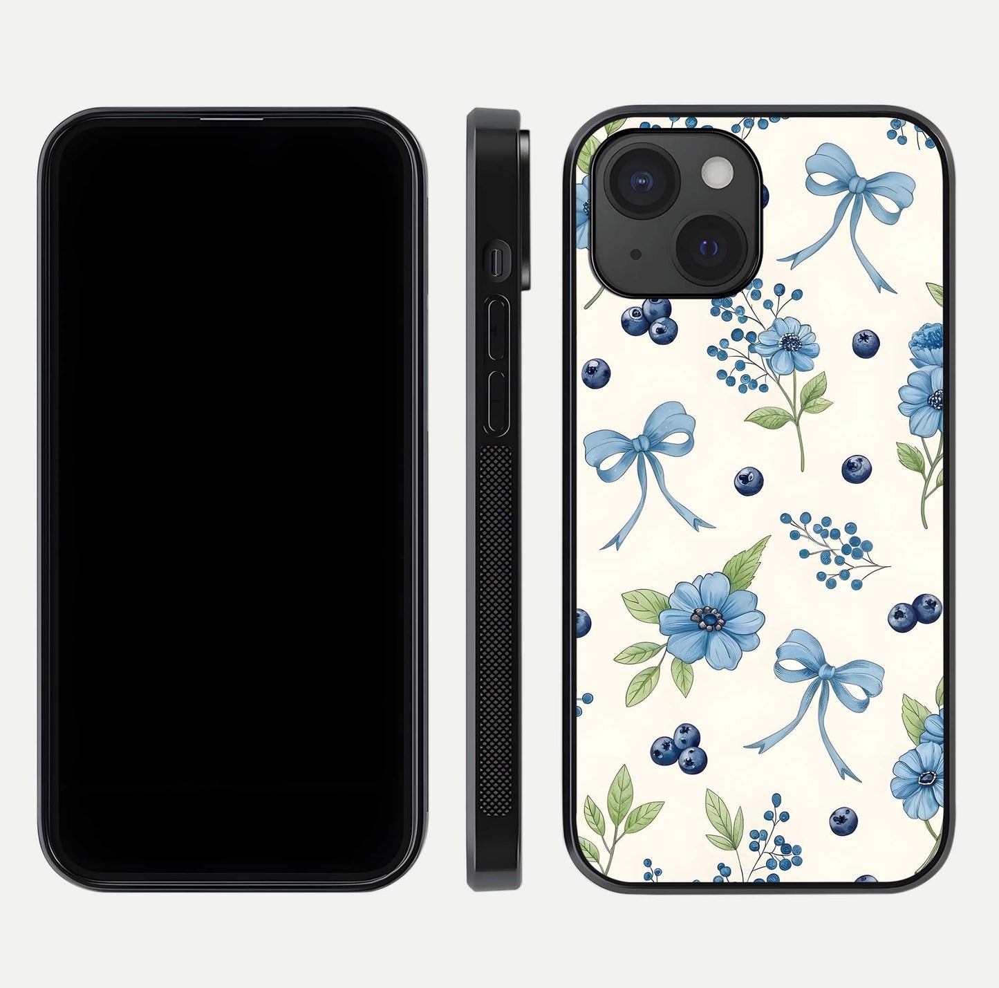 Blue Flower & Bow Glass Case for iPhone 15 dual-view layout showing balanced pattern and smooth edges
