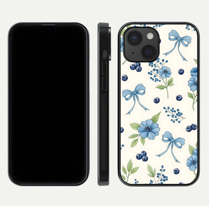 Blue Flower & Bow Glass Case for iPhone 15 dual-view layout showing balanced pattern and smooth edges