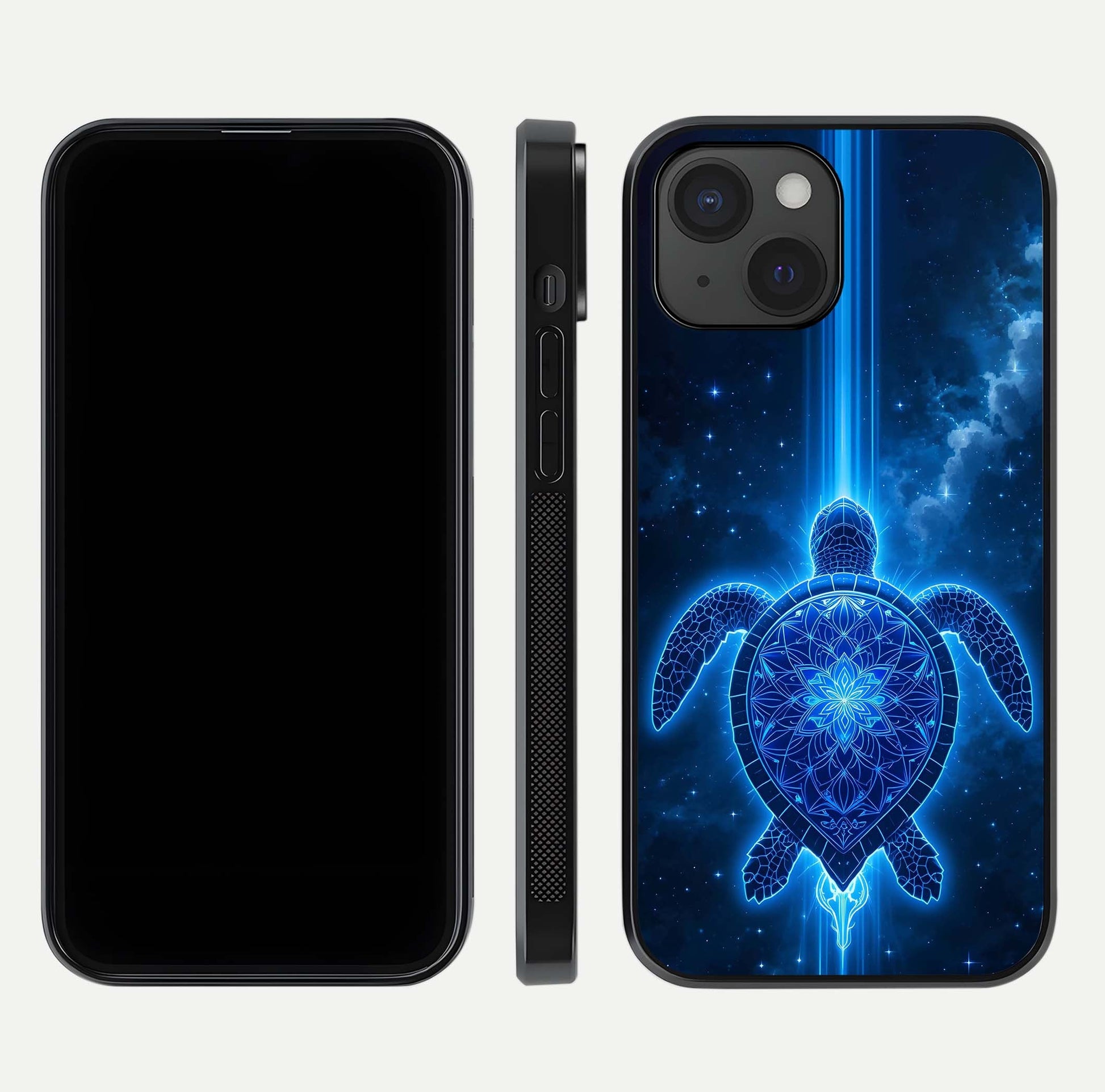 Blue Galaxy Turtle Glass Case for iPhone 15 front-and-back layout highlighting cosmic art and reflective glass