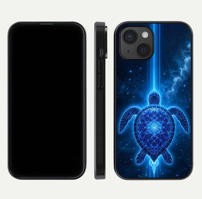 Blue Galaxy Turtle Glass Case for iPhone 15 front-and-back layout highlighting cosmic art and reflective glass