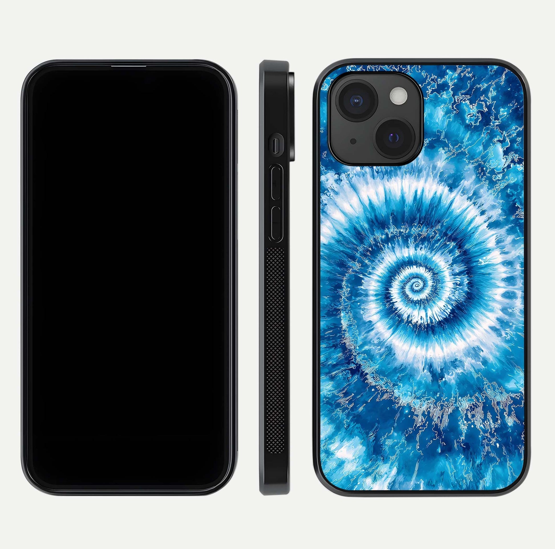 Blue Galaxy Wave Glass Case for iPhone 15 front-and-back layout showing gradient flow and shine clarity