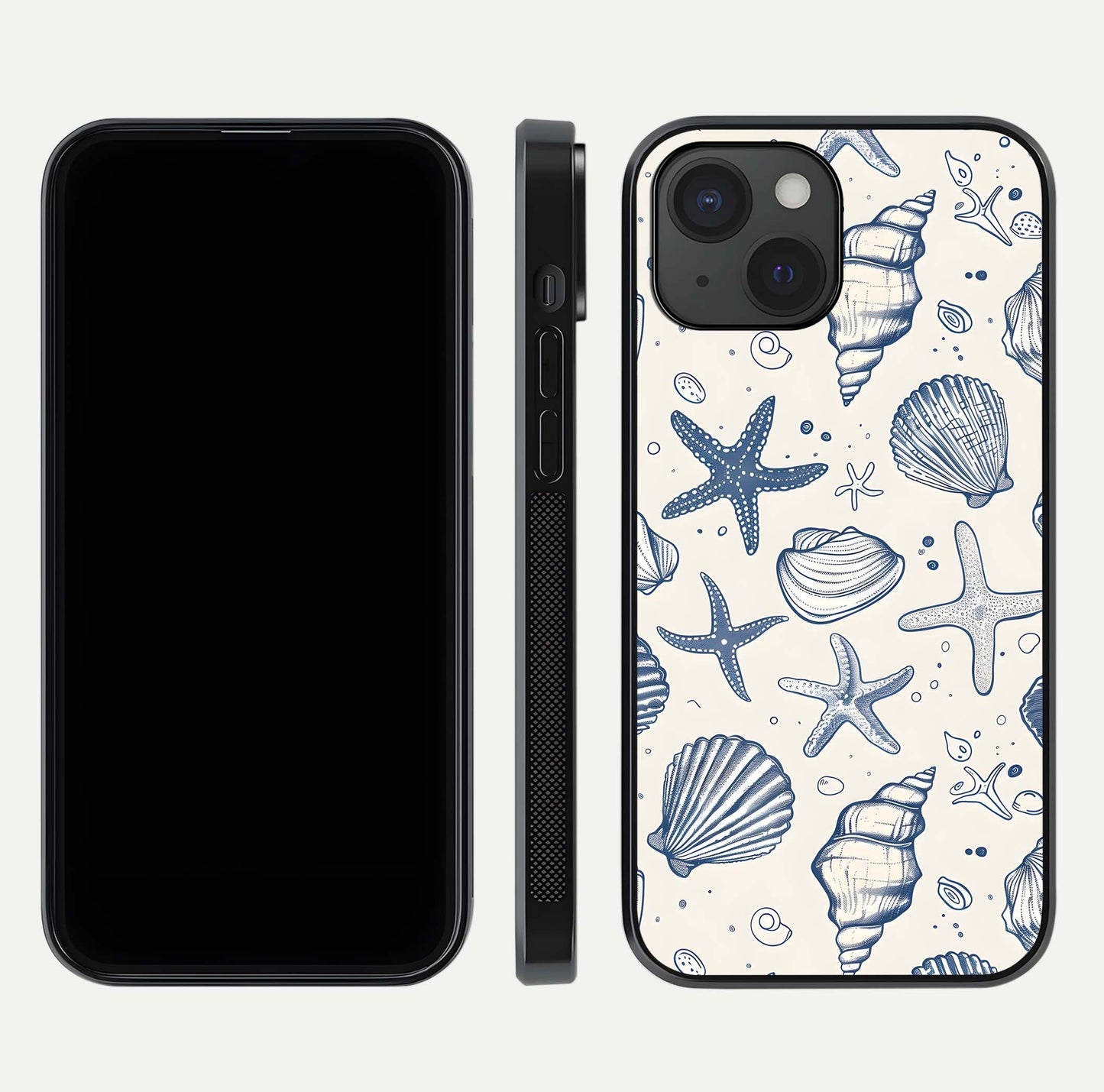 Blue Ocean Outline Glass Case for iPhone 15 front-and-back layout showing minimal wave design and HD gloss